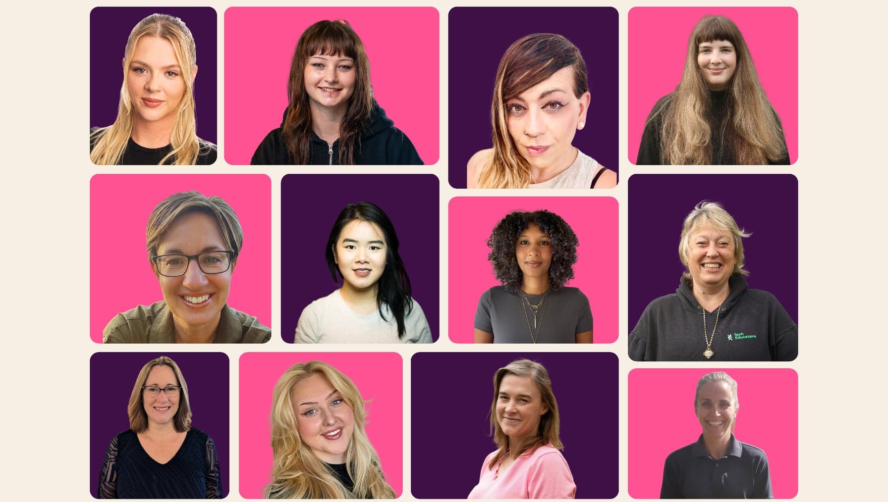 A collage of 12 female Tech Educators colleagues, each pictured against alternating bright pink and dark purple backgrounds