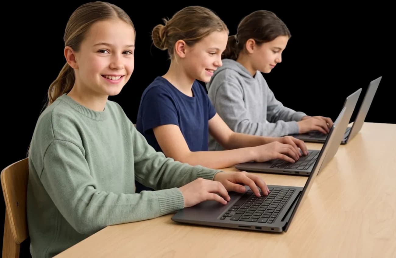 Three pupils smiling as they work on laptops in a workshop.