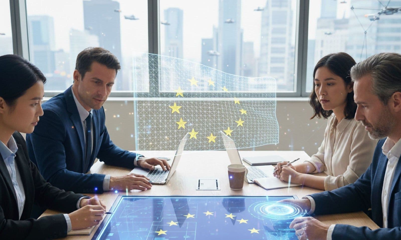 Business professional reviewing EU AI Act compliance requirements on a laptop screen