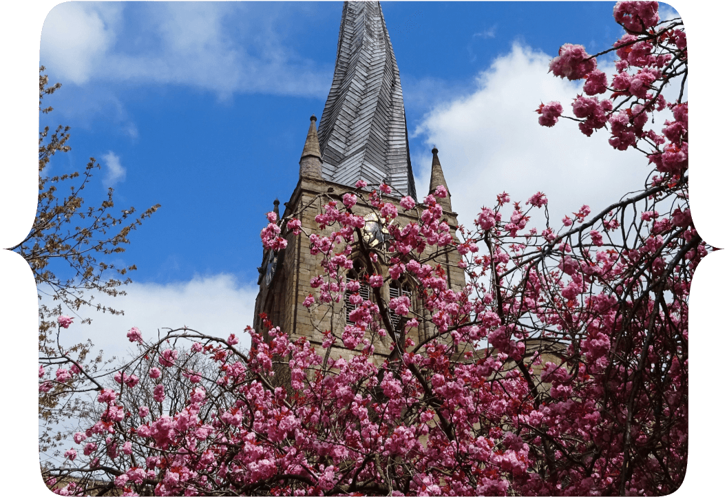 A view of the famous Chesterfield Crooked Spire in Derbyshire