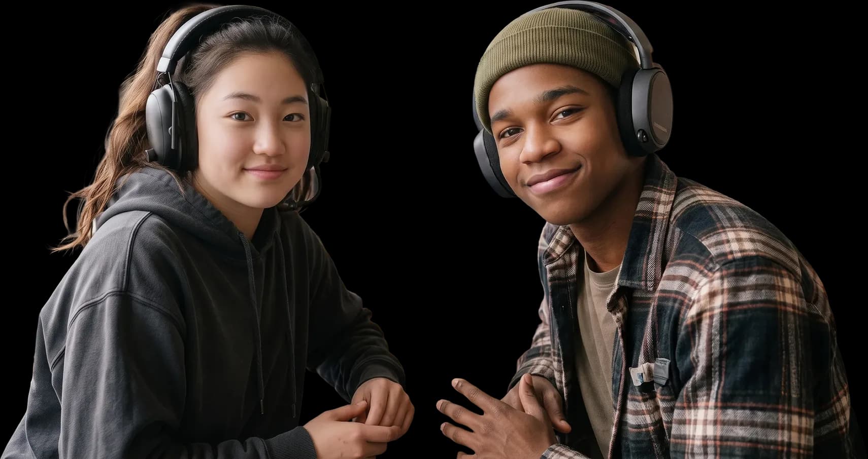 Two young people wearing gaming headsets, smiling.