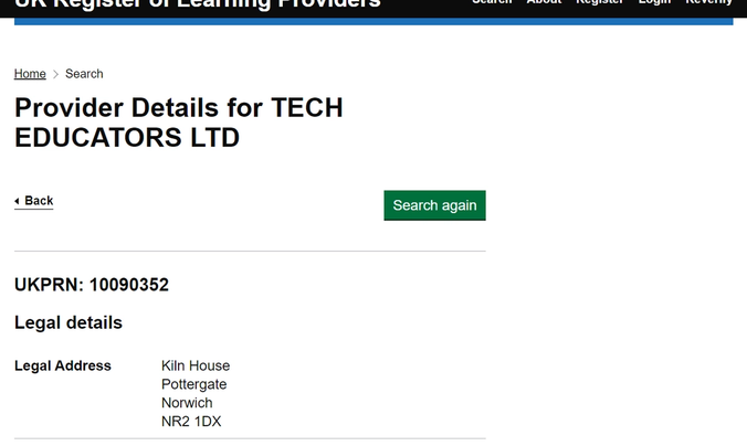 Tech Educators UKRLP registration on the government website